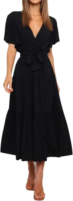 R.Vivimos Summer Dress for Women Cotton Ruffle Short Sleeves V Neck Casual Flowy Midi Dress with Belt
