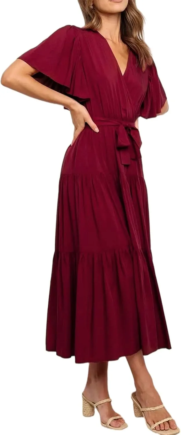 R.Vivimos Summer Dress for Women Cotton Ruffle Short Sleeves V Neck Casual Flowy Midi Dress with Belt