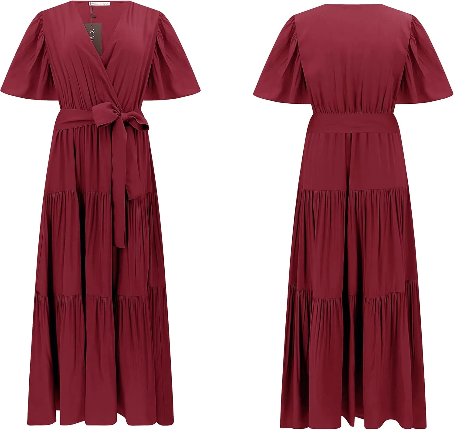 R.Vivimos Summer Dress for Women Cotton Ruffle Short Sleeves V Neck Casual Flowy Midi Dress with Belt