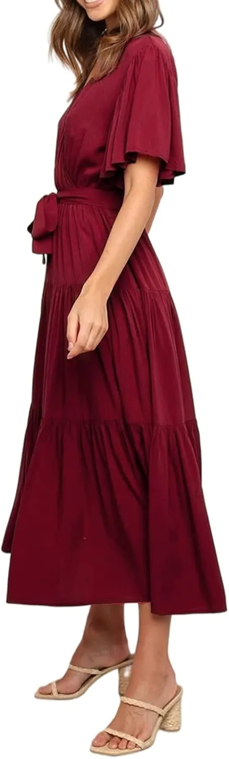 R.Vivimos Summer Dress for Women Cotton Ruffle Short Sleeves V Neck Casual Flowy Midi Dress with Belt