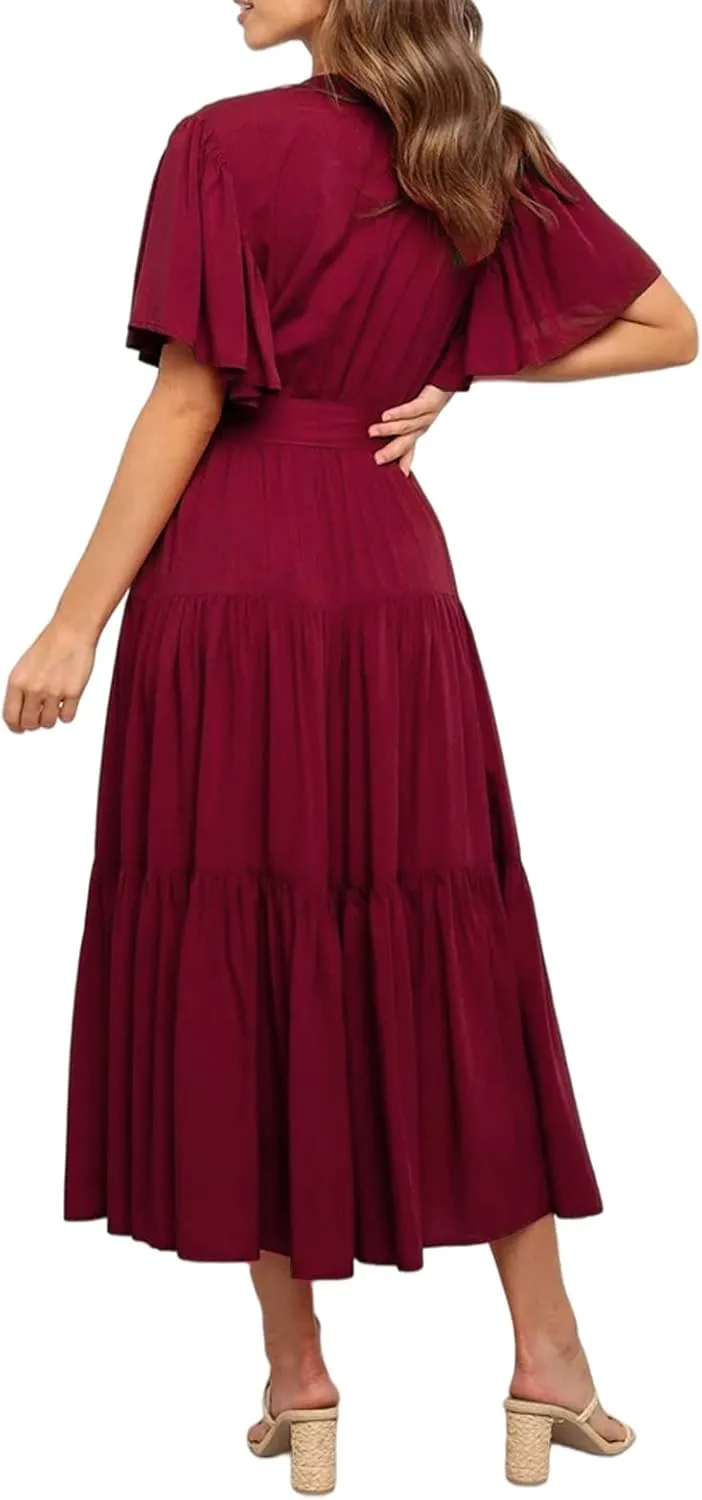 R.Vivimos Summer Dress for Women Cotton Ruffle Short Sleeves V Neck Casual Flowy Midi Dress with Belt