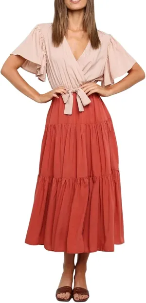 R.Vivimos Summer Dress for Women Cotton Ruffle Short Sleeves V Neck Casual Flowy Midi Dress with Belt