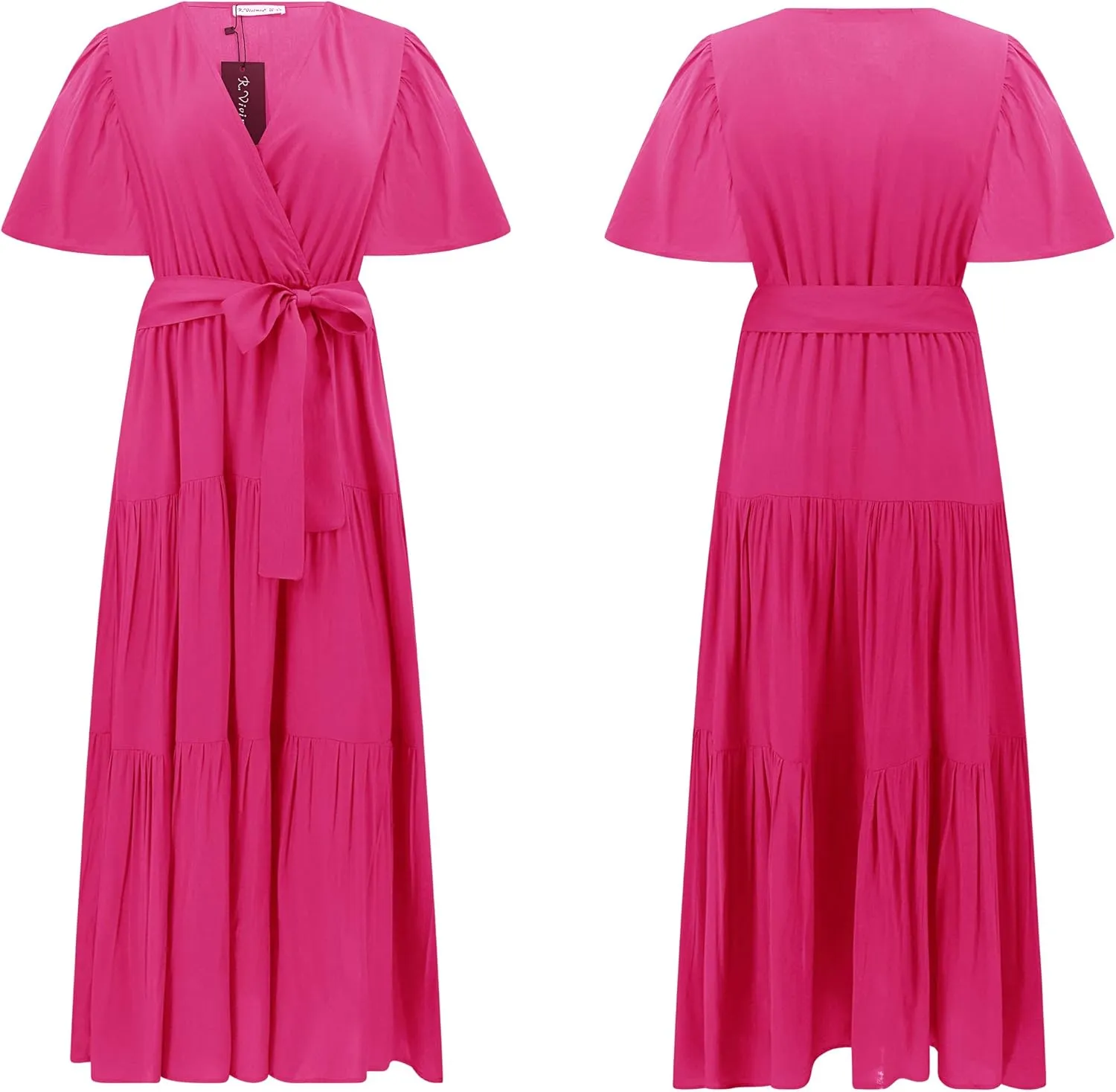 R.Vivimos Summer Dress for Women Cotton Ruffle Short Sleeves V Neck Casual Flowy Midi Dress with Belt