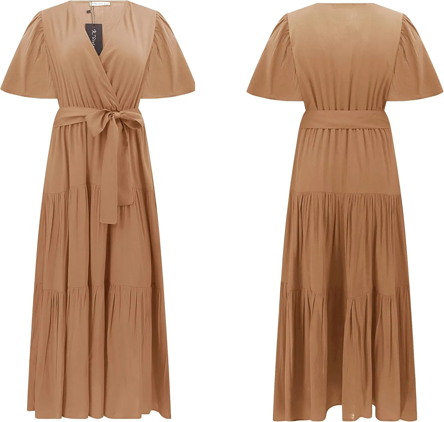 R.Vivimos Summer Dress for Women Cotton Ruffle Short Sleeves V Neck Casual Flowy Midi Dress with Belt