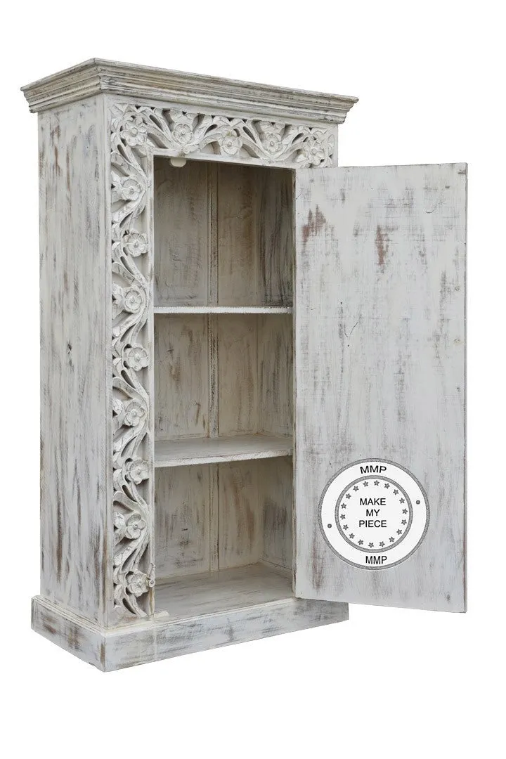 Saffron Hand Carved Whitewashed Oriental Cabinet