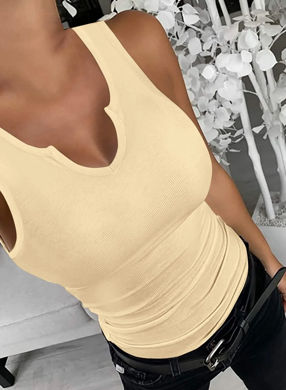 SANDERY Tank Tops for Women Summer Sleeveless V Neck Fitted Top Slim Ribbed Racerback Basic Cami Shirt Tanks