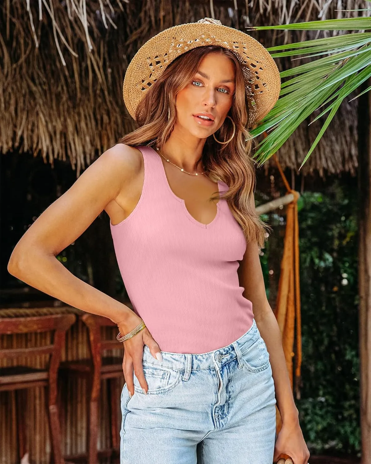 SANDERY Tank Tops for Women Summer Sleeveless V Neck Fitted Top Slim Ribbed Racerback Basic Cami Shirt Tanks