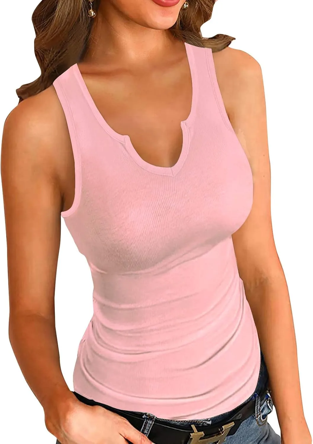 SANDERY Tank Tops for Women Summer Sleeveless V Neck Fitted Top Slim Ribbed Racerback Basic Cami Shirt Tanks
