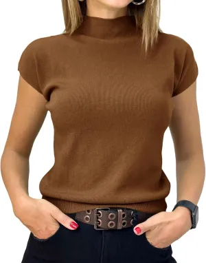 Saodimallsu Womens Short Sleeve Sweater Mock Neck Summer Casual Basic Knit Slim Fitted Pullover Tops Shirt