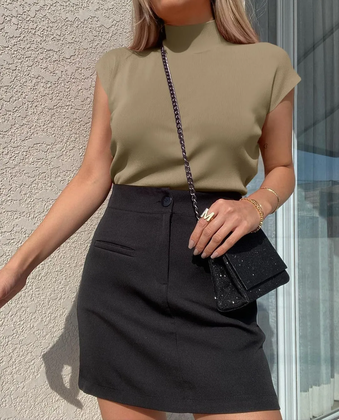 Saodimallsu Womens Short Sleeve Sweater Mock Neck Summer Casual Basic Knit Slim Fitted Pullover Tops Shirt