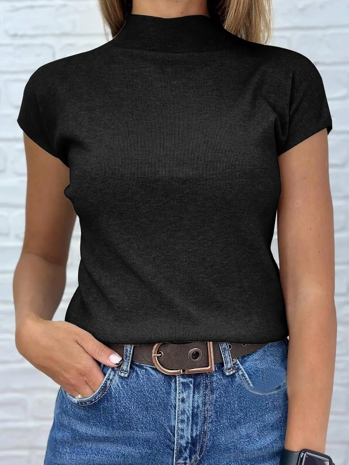 Saodimallsu Womens Short Sleeve Sweater Mock Neck Summer Casual Basic Knit Slim Fitted Pullover Tops Shirt