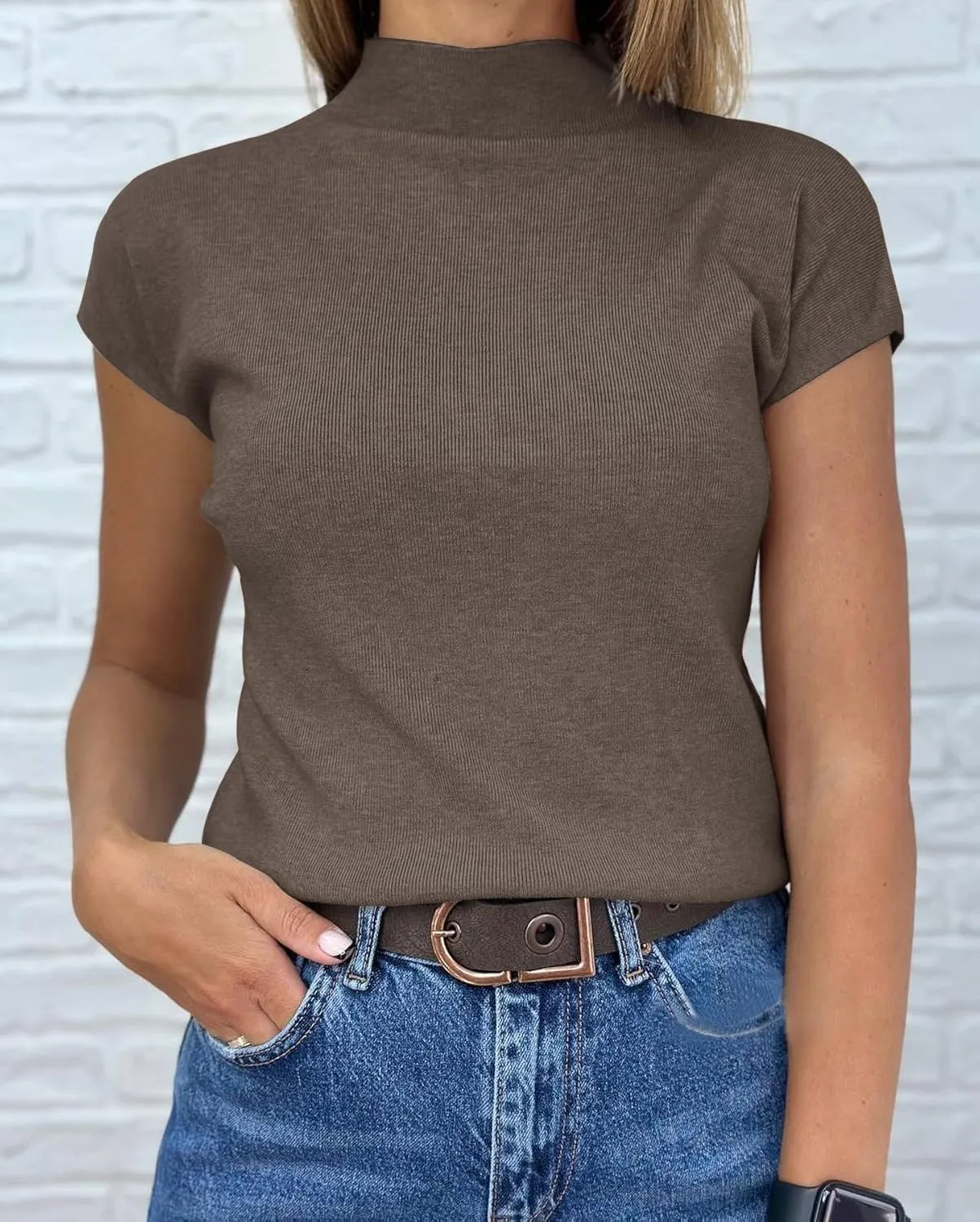 Saodimallsu Womens Short Sleeve Sweater Mock Neck Summer Casual Basic Knit Slim Fitted Pullover Tops Shirt