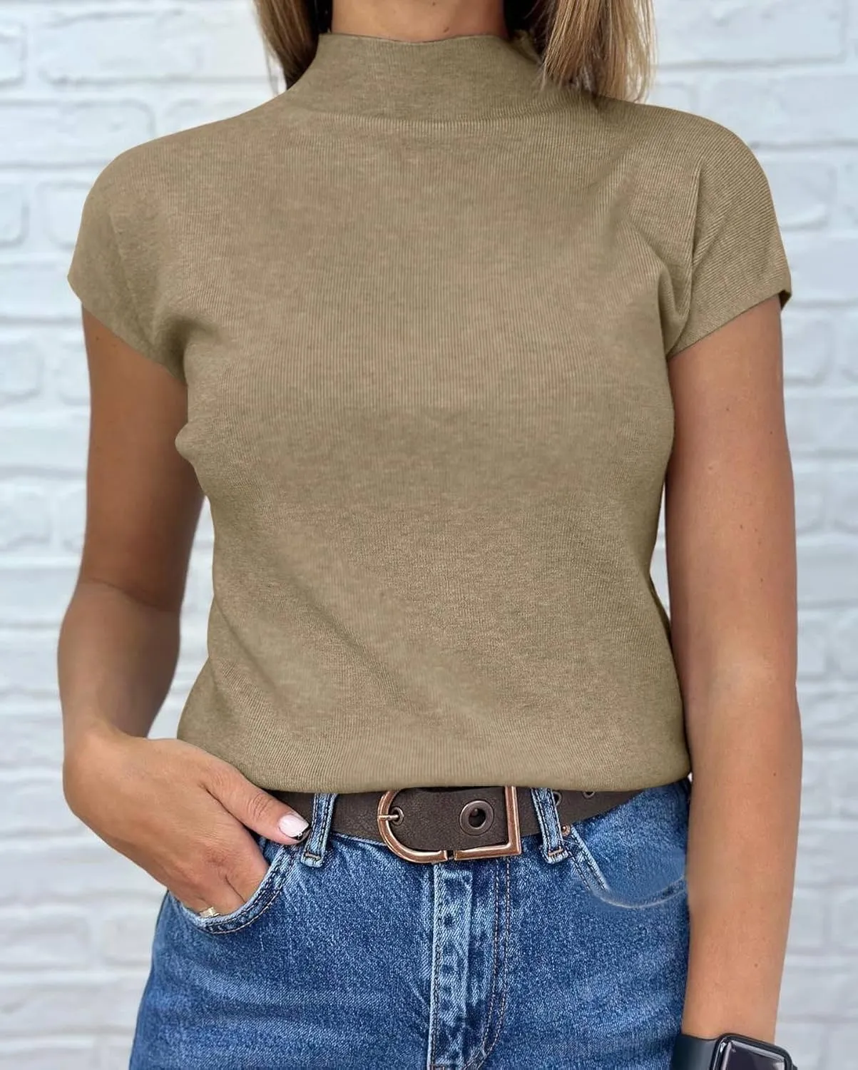 Saodimallsu Womens Short Sleeve Sweater Mock Neck Summer Casual Basic Knit Slim Fitted Pullover Tops Shirt