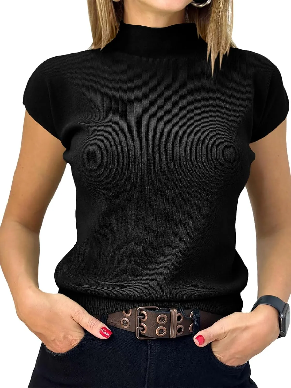 Saodimallsu Womens Short Sleeve Sweater Mock Neck Summer Casual Basic Knit Slim Fitted Pullover Tops Shirt