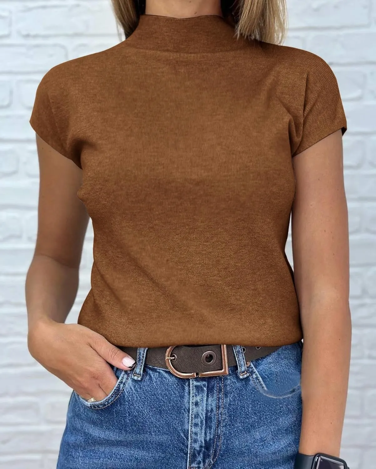 Saodimallsu Womens Short Sleeve Sweater Mock Neck Summer Casual Basic Knit Slim Fitted Pullover Tops Shirt
