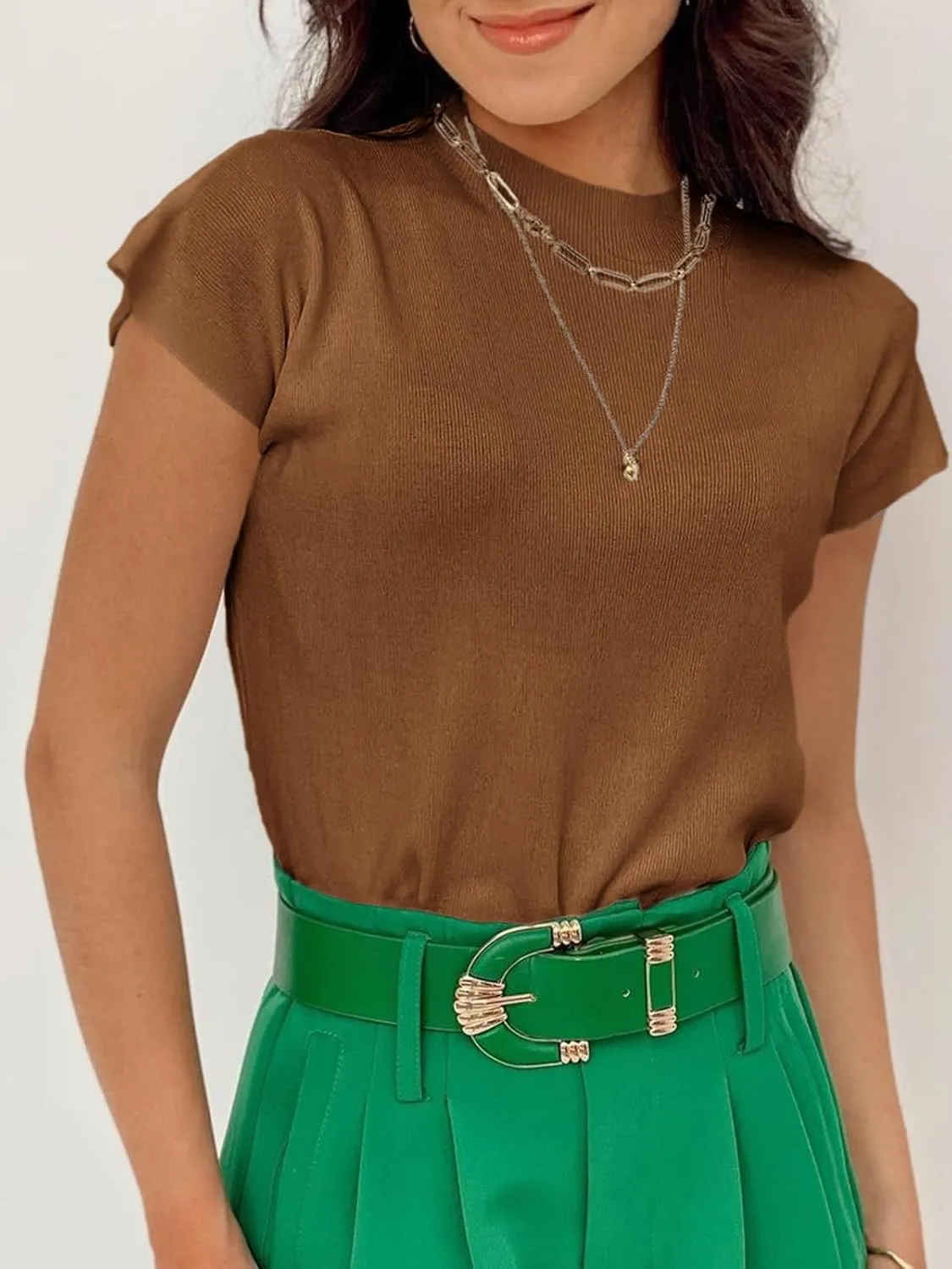 Saodimallsu Womens Short Sleeve Sweater Mock Neck Summer Casual Basic Knit Slim Fitted Pullover Tops Shirt