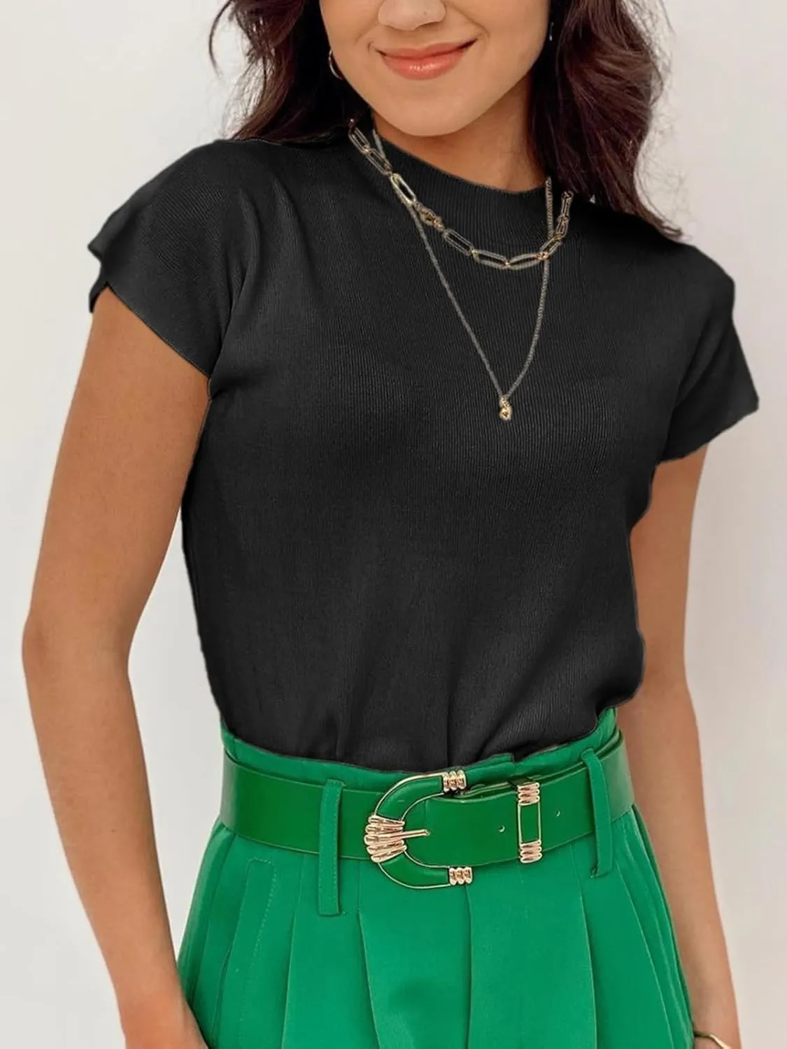 Saodimallsu Womens Short Sleeve Sweater Mock Neck Summer Casual Basic Knit Slim Fitted Pullover Tops Shirt