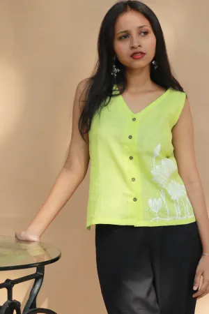 Saroj | Hand Painted Top | Linen | Lime