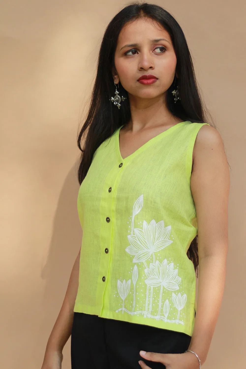 Saroj | Hand Painted Top | Linen | Lime