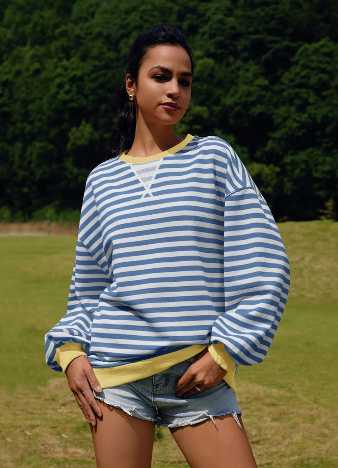 SENSERISE Womens Oversized Classic Striped Crewneck Sweatshirts Long Sleeve Color Block Shirts Casual Tops