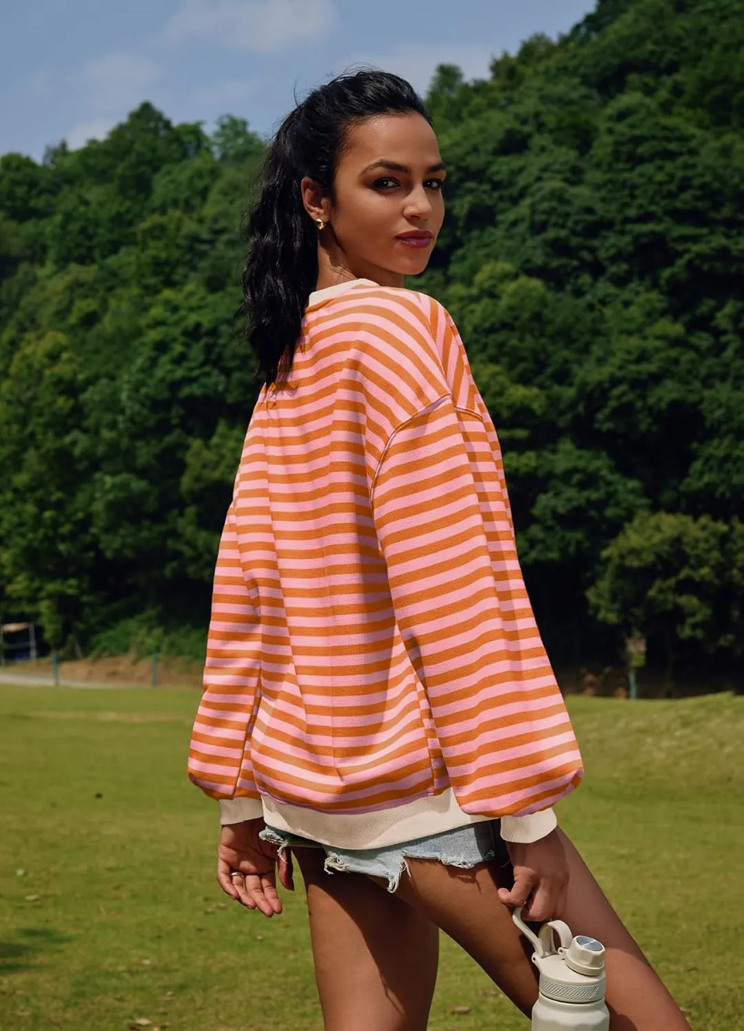 SENSERISE Womens Oversized Classic Striped Crewneck Sweatshirts Long Sleeve Color Block Shirts Casual Tops