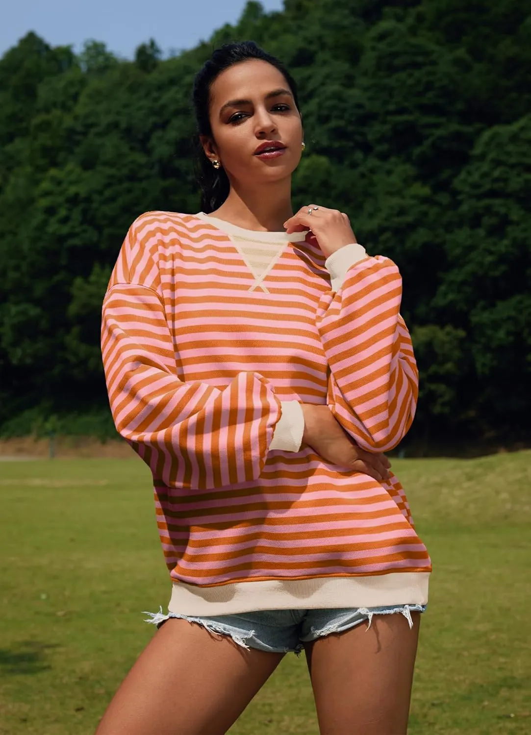 SENSERISE Womens Oversized Classic Striped Crewneck Sweatshirts Long Sleeve Color Block Shirts Casual Tops
