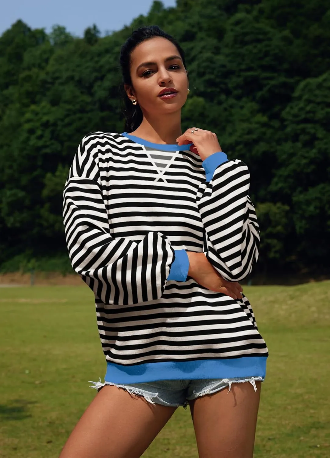 SENSERISE Womens Oversized Classic Striped Crewneck Sweatshirts Long Sleeve Color Block Shirts Casual Tops
