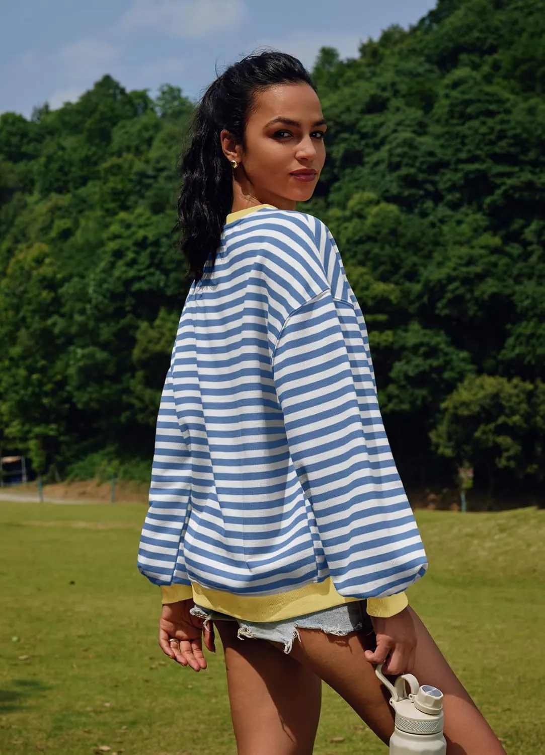 SENSERISE Womens Oversized Classic Striped Crewneck Sweatshirts Long Sleeve Color Block Shirts Casual Tops