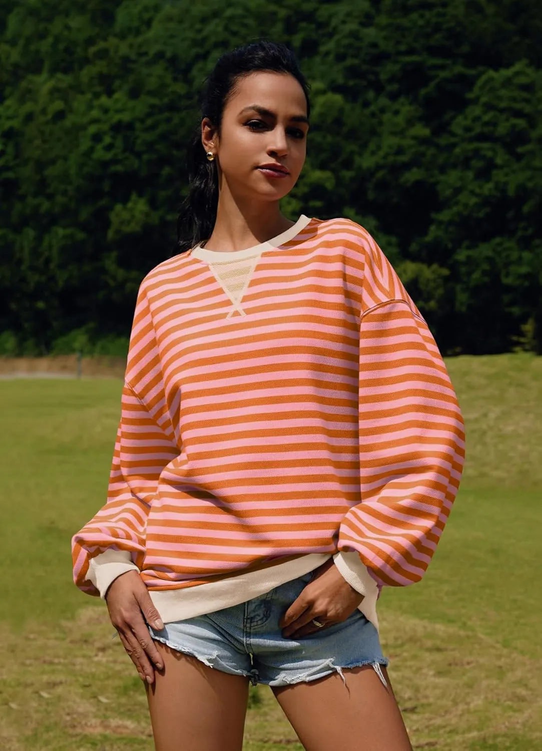 SENSERISE Womens Oversized Classic Striped Crewneck Sweatshirts Long Sleeve Color Block Shirts Casual Tops