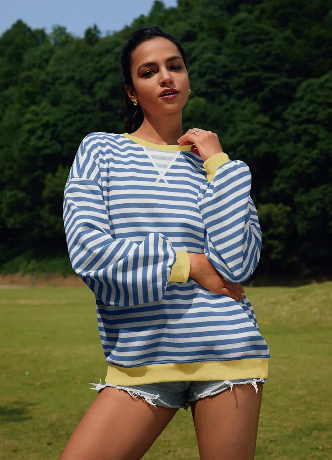 SENSERISE Womens Oversized Classic Striped Crewneck Sweatshirts Long Sleeve Color Block Shirts Casual Tops