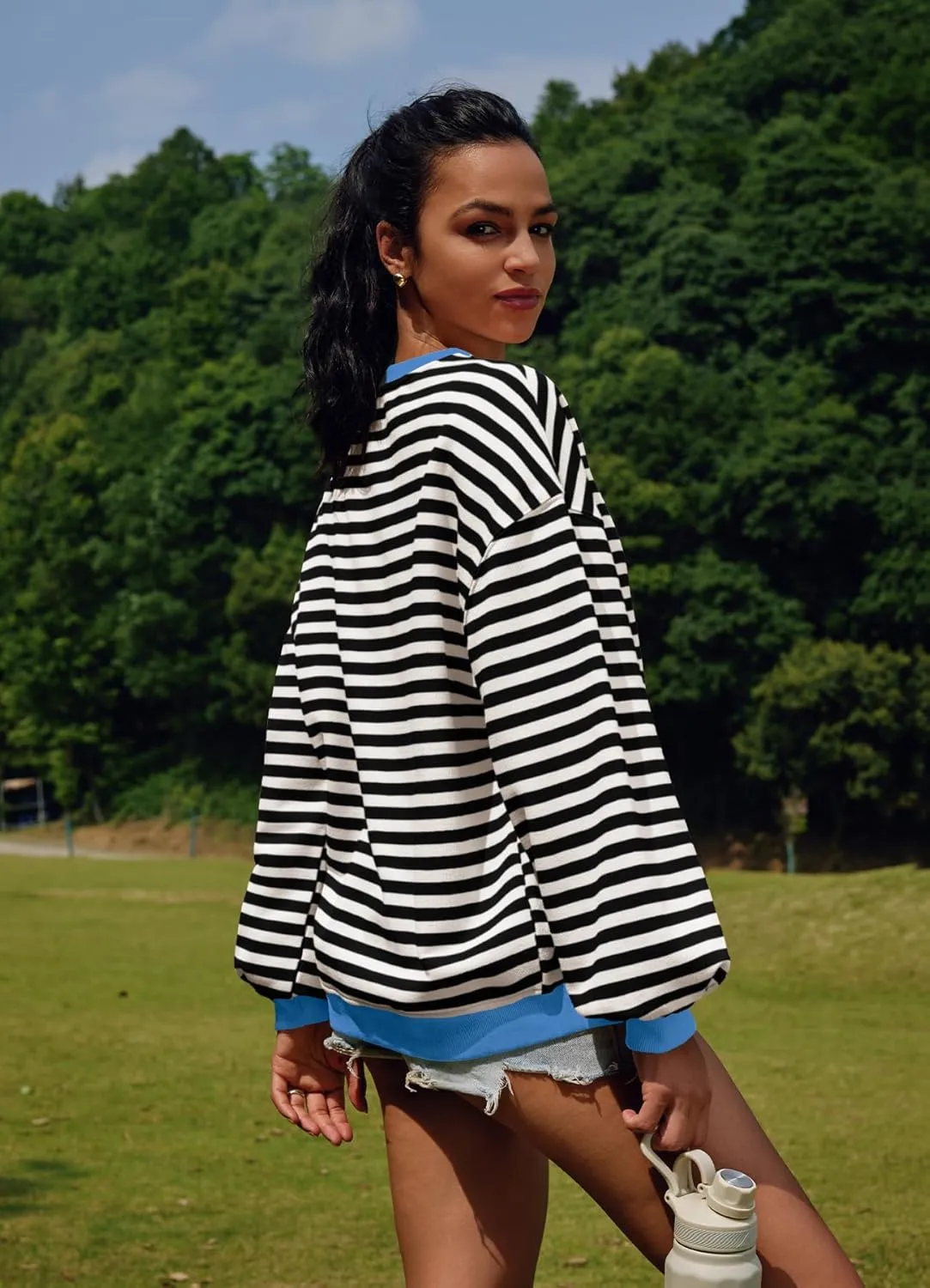 SENSERISE Womens Oversized Classic Striped Crewneck Sweatshirts Long Sleeve Color Block Shirts Casual Tops