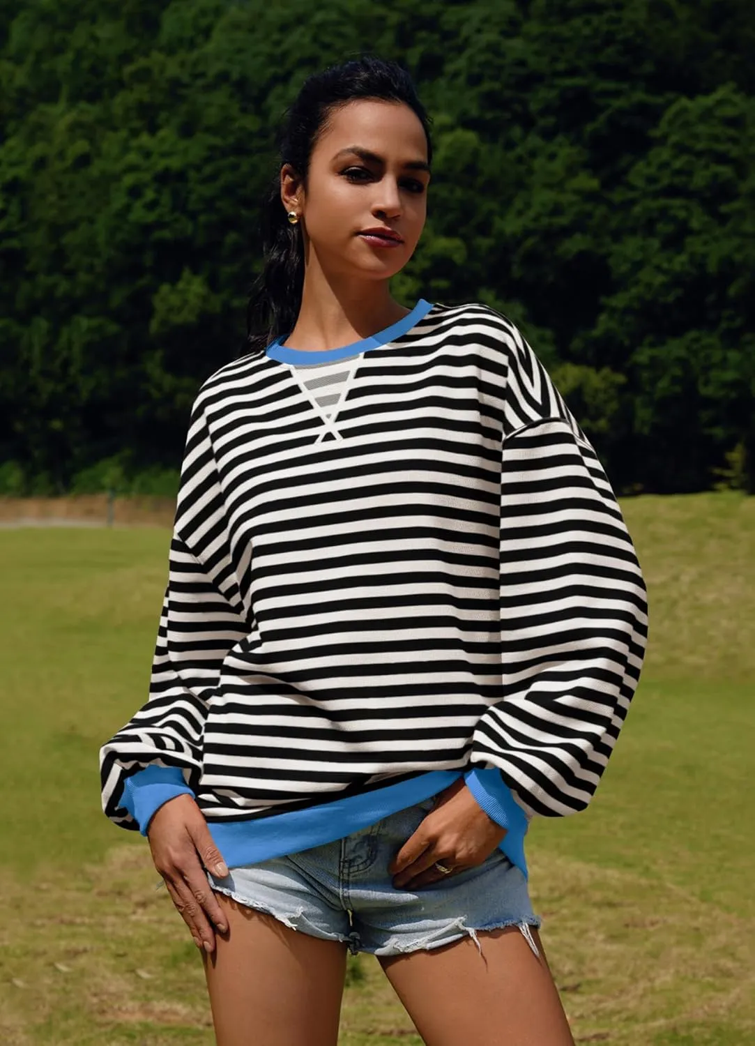 SENSERISE Womens Oversized Classic Striped Crewneck Sweatshirts Long Sleeve Color Block Shirts Casual Tops