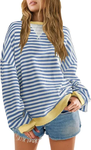 SENSERISE Womens Oversized Classic Striped Crewneck Sweatshirts Long Sleeve Color Block Shirts Casual Tops