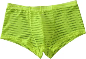 Sexy Stripe Sheer Mesh Lace Boxer Briefs for Men Mid-Waist Underwear Seamless Breathable Boyshort Bulge Pouch Panties Green