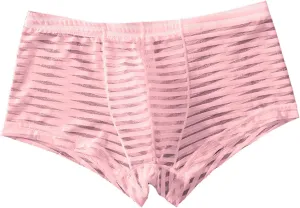 Sexy Stripe Sheer Mesh Lace Boxer Briefs for Men Mid-Waist Underwear Seamless Breathable Boyshort Bulge Pouch Panties Pink