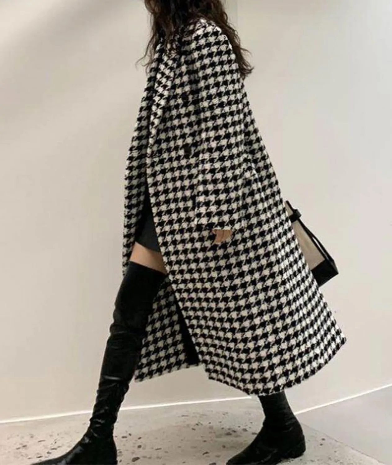Sexyshine Women's Winter Houndstooth Double Breasted Trench Coat Notch Lapel Wool Blend Warm Quilted Lined Long Overcoat