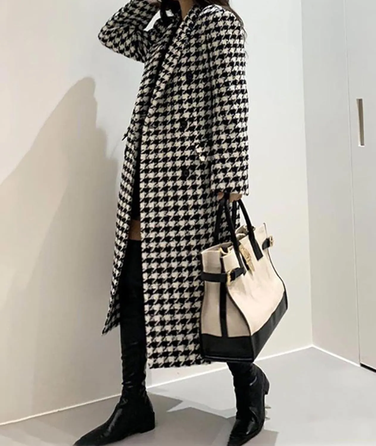 Sexyshine Women's Winter Houndstooth Double Breasted Trench Coat Notch Lapel Wool Blend Warm Quilted Lined Long Overcoat