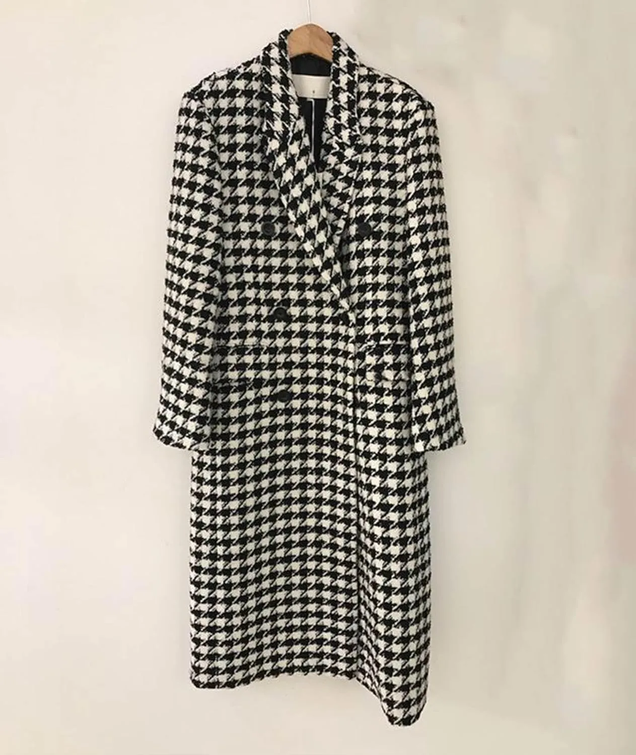 Sexyshine Women's Winter Houndstooth Double Breasted Trench Coat Notch Lapel Wool Blend Warm Quilted Lined Long Overcoat