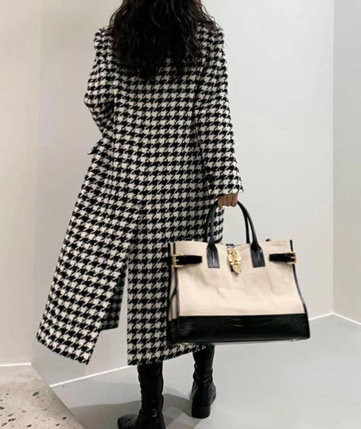 Sexyshine Women's Winter Houndstooth Double Breasted Trench Coat Notch Lapel Wool Blend Warm Quilted Lined Long Overcoat