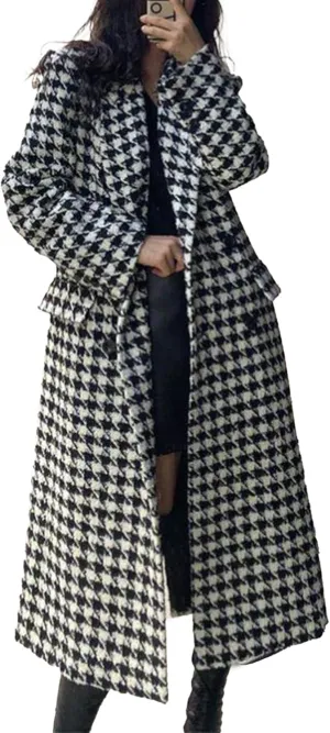 Sexyshine Women's Winter Houndstooth Double Breasted Trench Coat Notch Lapel Wool Blend Warm Quilted Lined Long Overcoat