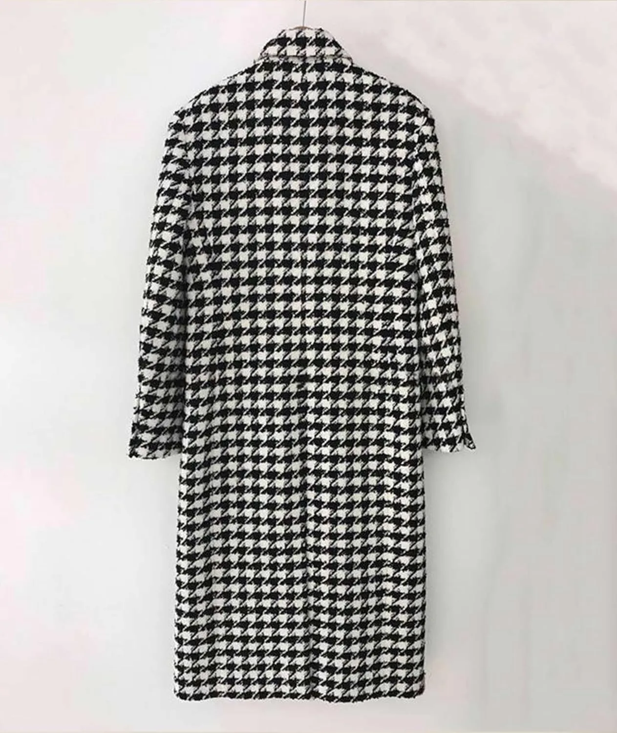 Sexyshine Women's Winter Houndstooth Double Breasted Trench Coat Notch Lapel Wool Blend Warm Quilted Lined Long Overcoat