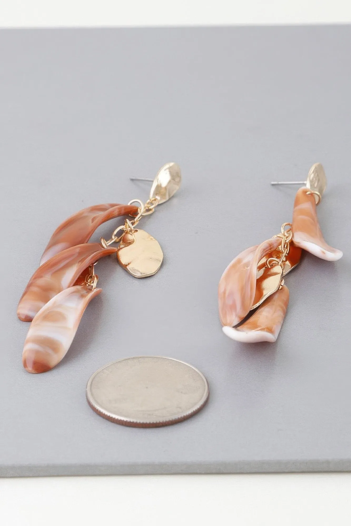 Shiny Marble Feather Drop Earrings