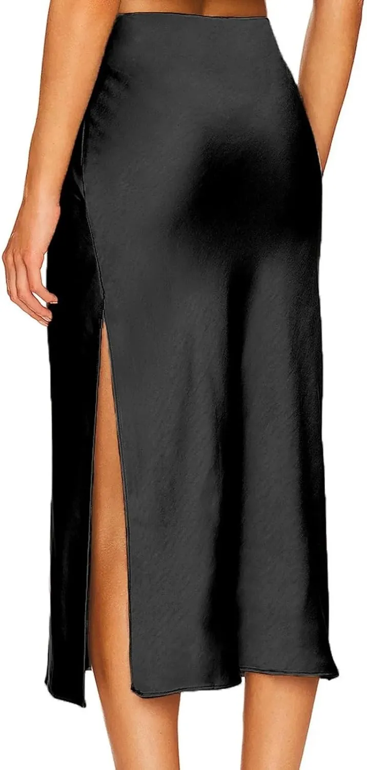 Side Split Women Satin Satin Midi Skirt High Waist Versatile Wrap Hip Skirt Women