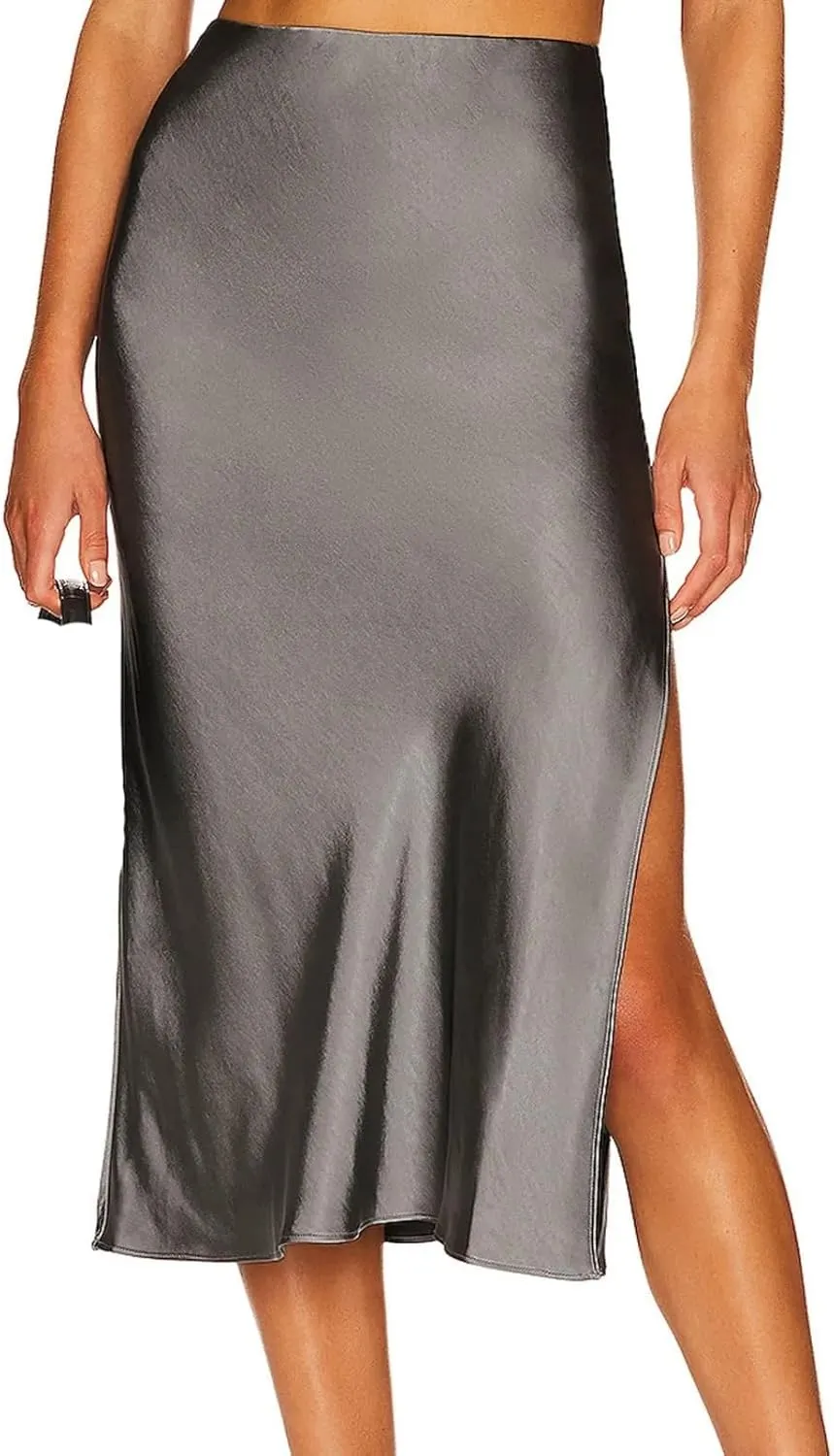 Side Split Women Satin Satin Midi Skirt High Waist Versatile Wrap Hip Skirt Women