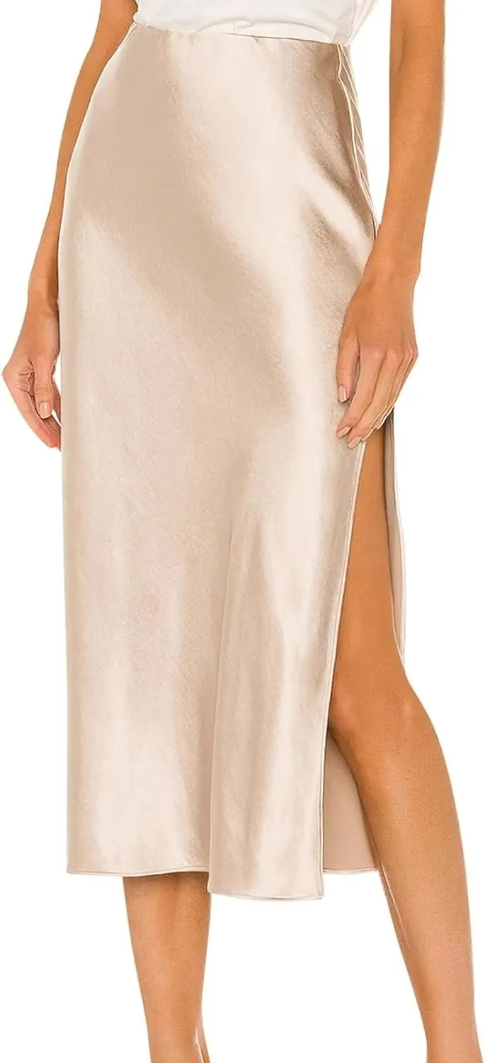 Side Split Women Satin Satin Midi Skirt High Waist Versatile Wrap Hip Skirt Women