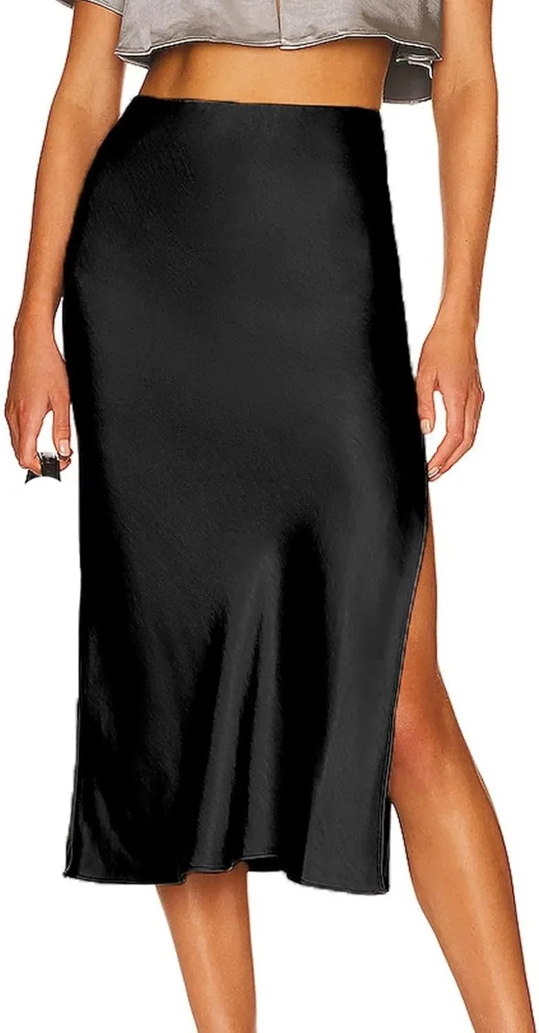 Side Split Women Satin Satin Midi Skirt High Waist Versatile Wrap Hip Skirt Women