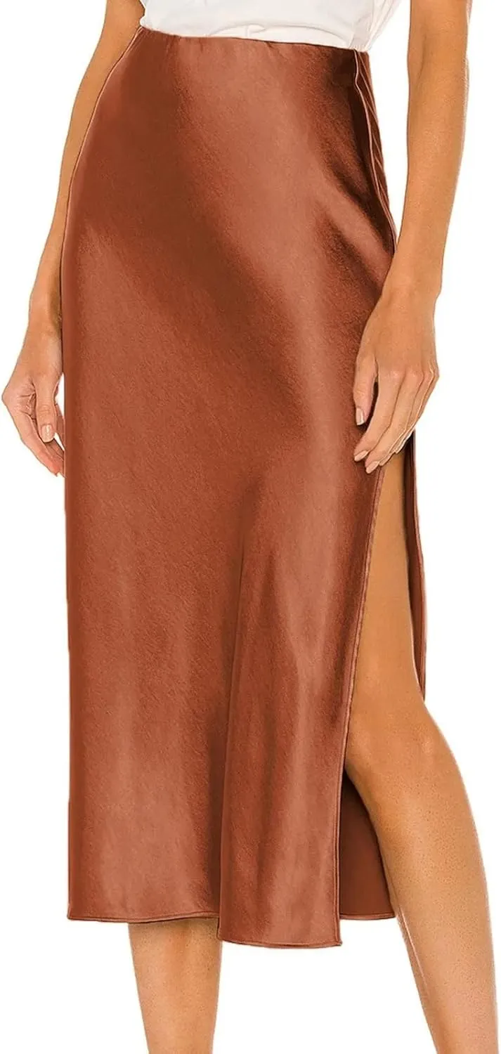 Side Split Women Satin Satin Midi Skirt High Waist Versatile Wrap Hip Skirt Women