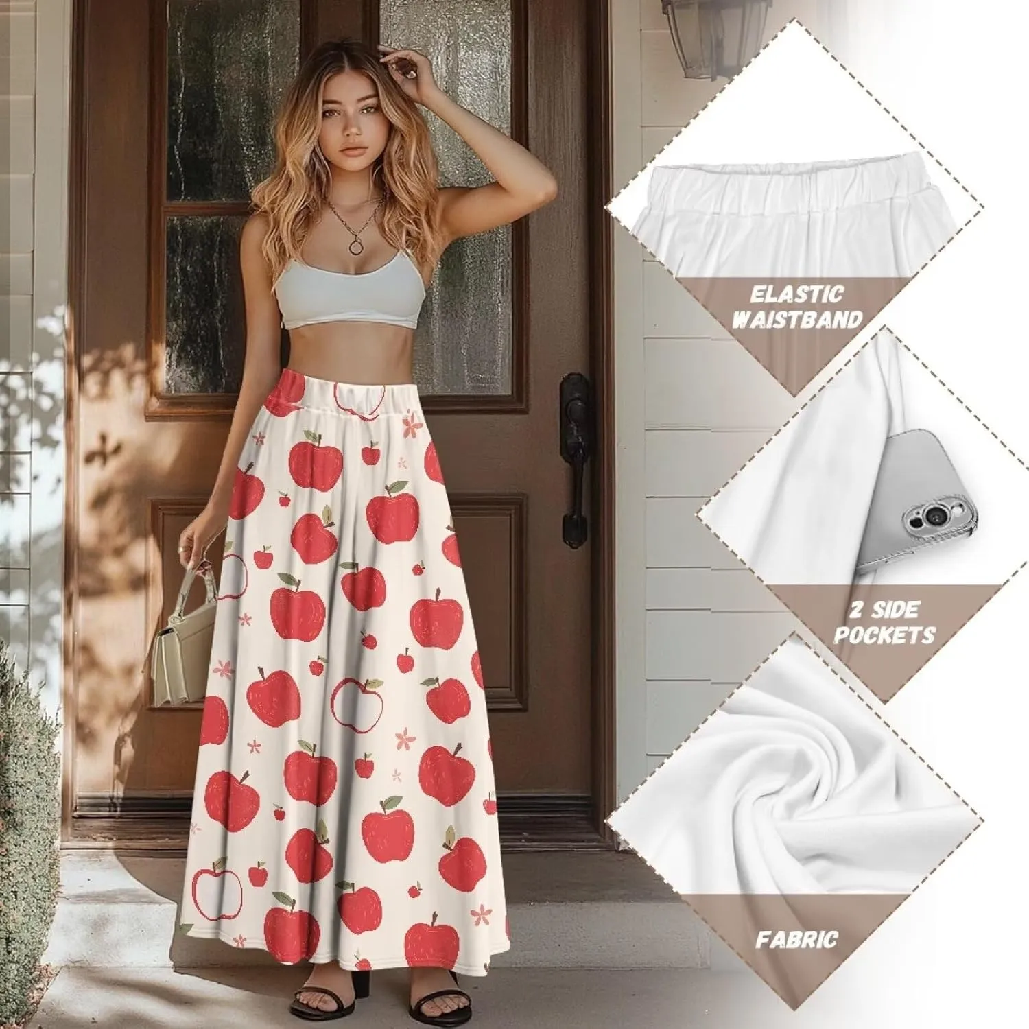 Skirts for Women Long Length High Waisted Pleated Midi Skirt with Pockets Breathable Boho Long Maxi Skort Plus Size