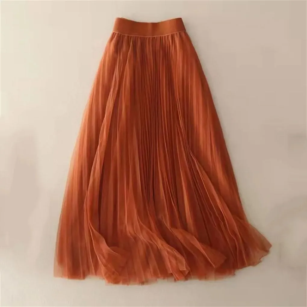 Solid Color Pleated Mesh Skirt Women Classic High Waisted Casual Lady Midi Skirt