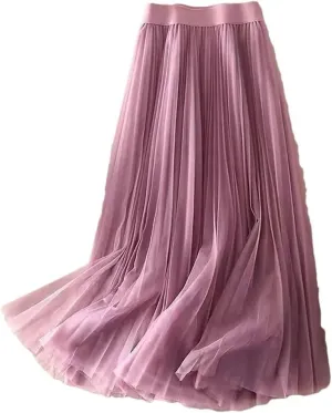 Solid Color Pleated Mesh Skirt Women Classic High Waisted Casual Lady Midi Skirt